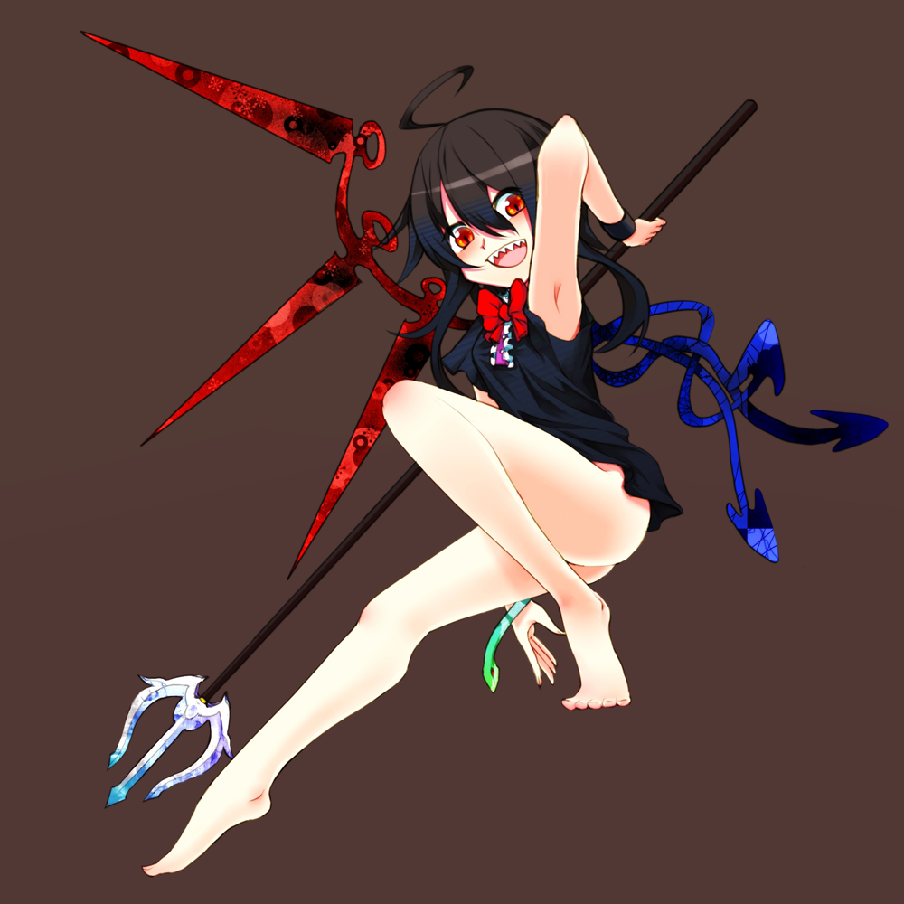 :d ahoge arm_up armpits asymmetrical_wings barefoot black_hair bottomless bow bowtie dress feet houjuu_nue miranko open_mouth polearm red_eyes sharp_teeth smile snake solo teeth touhou trident weapon wings wristband