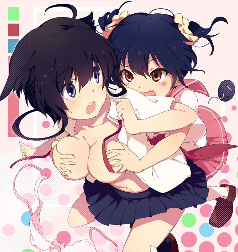ahoge bad_id bad_pixiv_id black_hair black_legwear blue_eyes blue_hair blush blush_stickers bow bow_bra bra bra_removed breast_grab breasts buttons fang grabbing looking_at_another multiple_girls navel ogipote open_clothes open_mouth open_shirt original pink_bra red_eyes scrunchie shirt shoes short_hair short_twintails skirt tears teasing twintails underwear undone_tie yuri