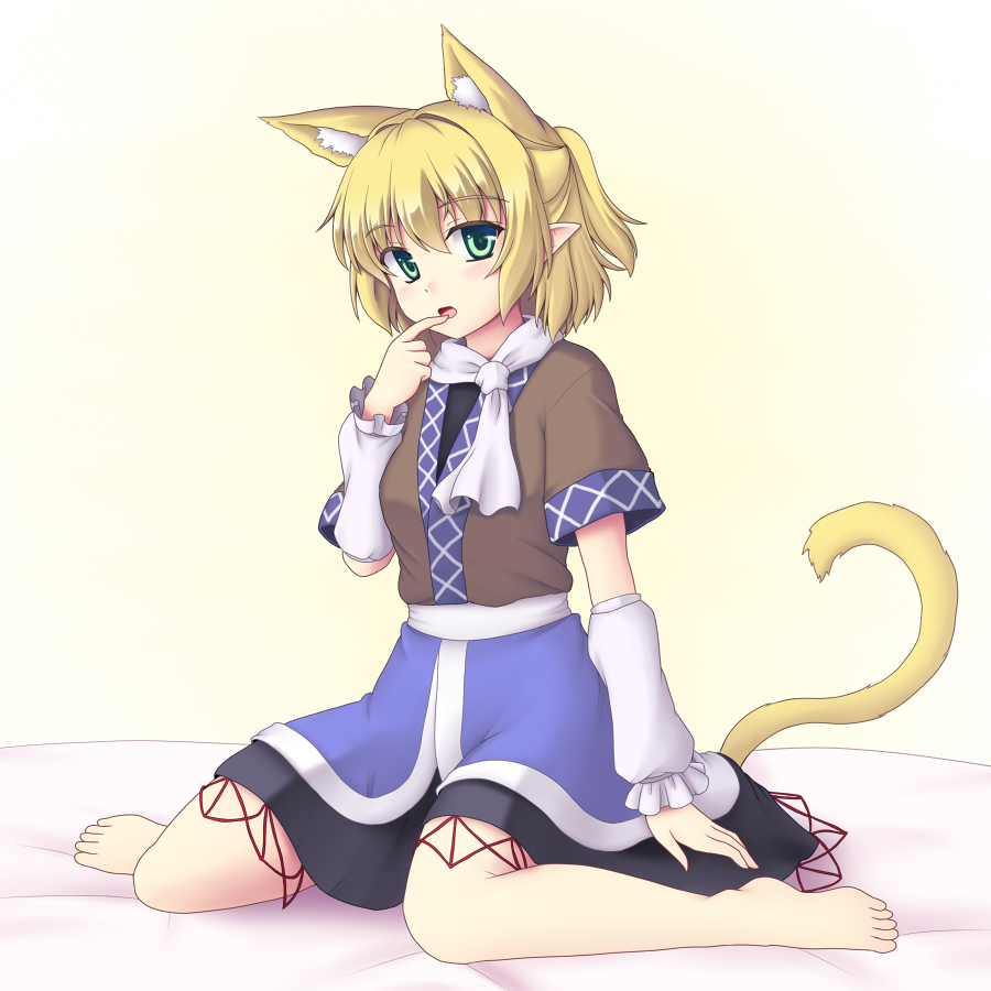 animal_ears arm_warmers barefoot blonde_hair cat_ears cat_tail extra_ears finger_to_mouth green_eyes half_updo isaki_(gomi) kemonomimi_mode looking_at_viewer mizuhashi_parsee open_mouth pointy_ears sash scarf shirt short_hair short_sleeves sitting skirt solo tail touhou wariza