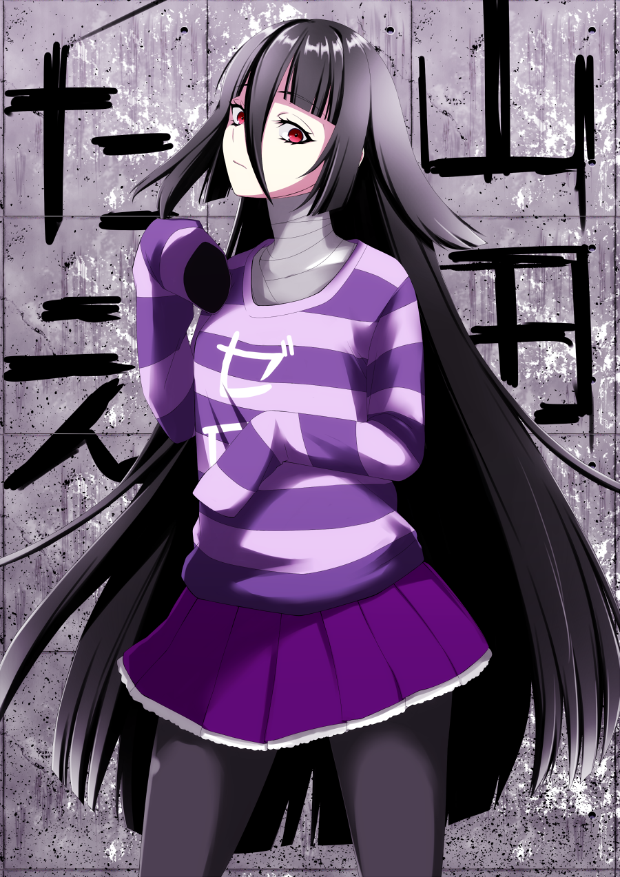 1girl artist_request background_text bandage black_hair black_legwear clothes_writing concert eyebrows_visible_through_hair hair_between_eyes highres long_hair long_sleeves looking_at_viewer pantyhose pleated_skirt purple_skirt red_eyes skirt sleeves_past_fingers sleeves_past_wrists solo standing striped striped_sweater sweater third-party_source very_long_hair yamada_tae zombie_land_saga