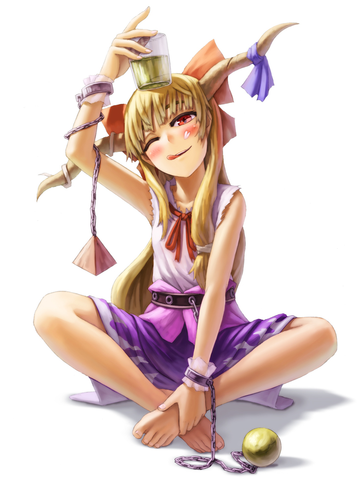 ;q alcohol arm_up bad_id bad_pixiv_id barefoot beer blonde_hair blush bow chain cuffs cup feet full_body hair_bow hands_on_feet holding horn_ribbon horns ibuki_suika indian_style kurione_(zassou) long_hair one_eye_closed open_mouth red_eyes ribbon simple_background sitting skirt smile solo toes tongue tongue_out touhou white_background wrist_cuffs