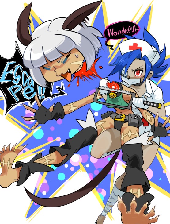 &gt;_&lt; :3 :d animal_ears bare_shoulders barefoot belt blood blue_hair bob_cut breasts cat_ears cat_tail choker claws cleavage closed_eyes crop_top dark_skin decapitation dress english eyepatch fingerless_gloves gloves hair_over_one_eye hat large_breasts mask midriff ms._fortune_(skullgirls) multiple_girls nurse nurse_cap open_mouth ponytail red_eyes saw scar severed_head short_dress short_hair skullgirls smile speech_bubble surgical_mask sweatdrop tail valentine_(skullgirls) weapon white_gloves white_hair x3 xd yuriyuri_(ccc)