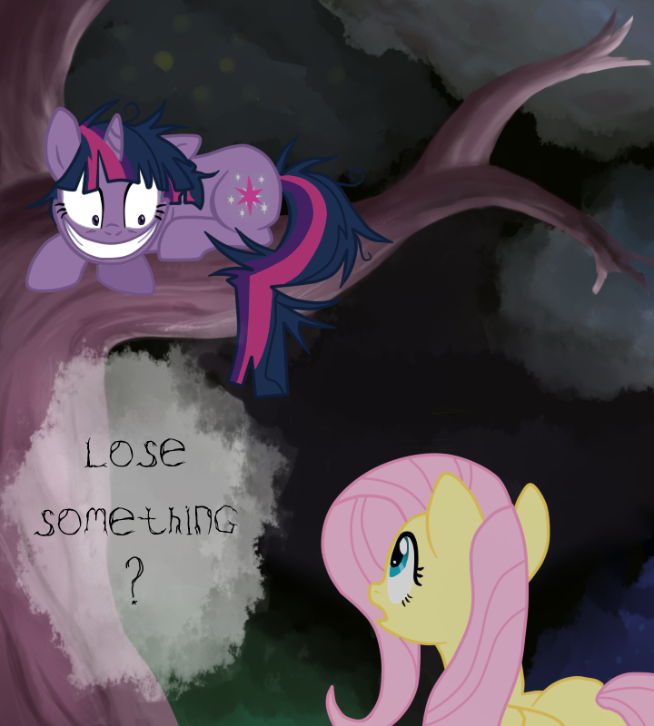 alice_in_wonderland blue_eyes creepy cutie_mark duo english_text equine eye_contact female feral fluttershy_(mlp) forest friendship_is_magic fur hair horn horse long_hair mammal mangaka-girl multi-colored_hair my_little_pony open_mouth outside parody pegasus pink_hair pony purple_eyes purple_fur smile text tree twilight_sparkle_(mlp) unicorn wings yellow_fur