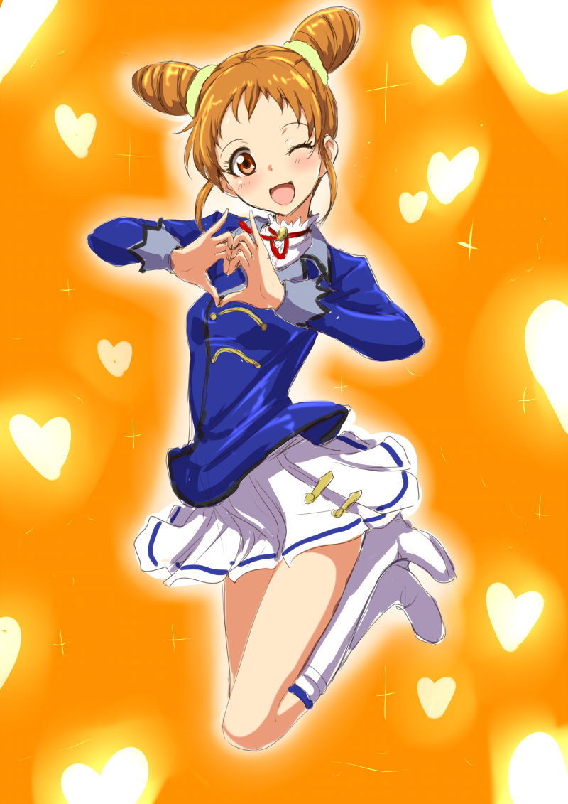 ;3 ;d aikatsu! aikatsu!_(series) arisugawa_otome boots brown_hair clearite double_bun heart heart_hands jumping knee_boots one_eye_closed open_mouth orange_background school_uniform sketch smile solo starlight_academy_uniform