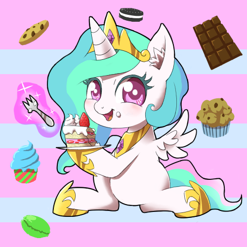 cake chibi chocolate cookie crown cupcake equine female feral food fork friendship_is_magic glowing hair horn horse mammal muffin multi-colored_hair my_little_pony oreo_cookie pony princess princess_celestia_(mlp) purple_eyes royalty solo strawberry winged_unicorn wings