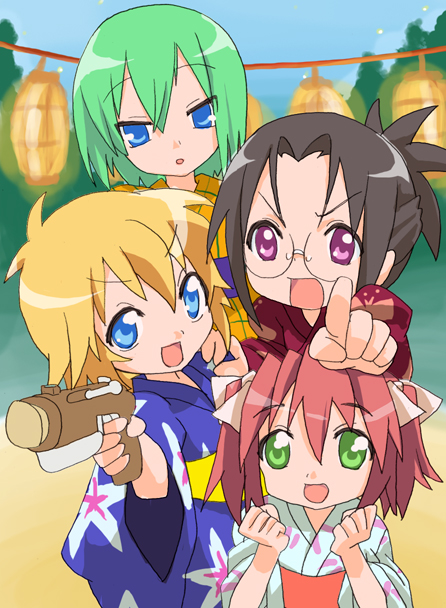 black_hair blonde_hair blue_eyes green_eyes green_hair gun handgun iwasaki_minami japanese_clothes kimono kobayakawa_yutaka lucky_star multiple_girls patricia_martin pink_hair purple_eyes short_hair sora_to_umi tamura_hiyori twintails weapon