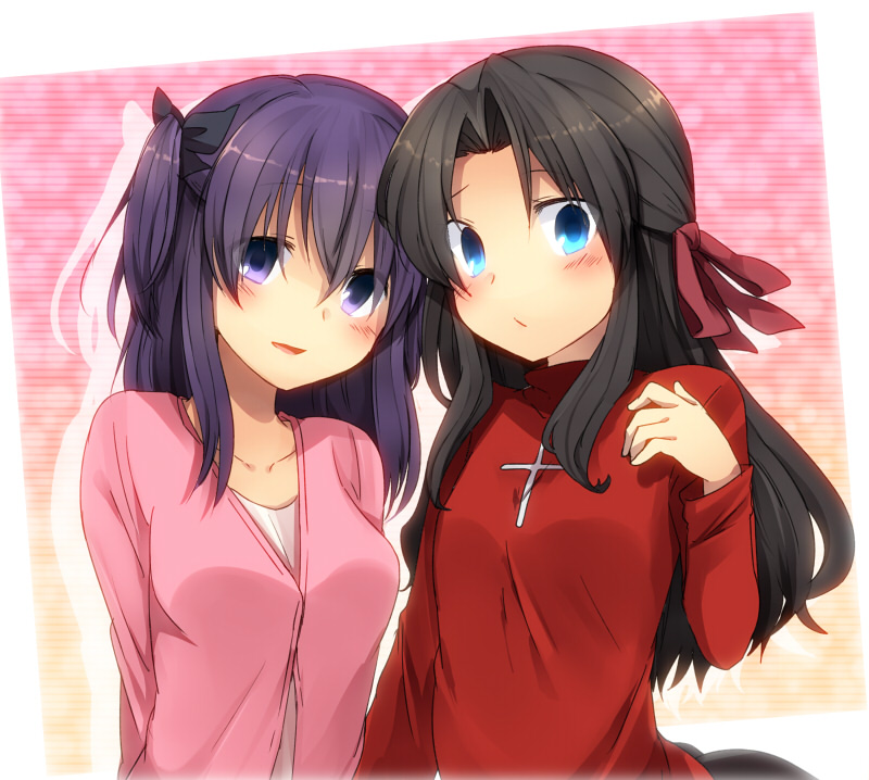 alternate_hairstyle arms_behind_back bangs black_bow black_hair blouse blue_eyes blush bow breasts cardigan collarbone cross drop_shadow eyebrows_visible_through_hair eyes_visible_through_hair fate/stay_night fate_(series) hair_bow hair_ribbon hairstyle_switch hand_on_own_shoulder latin_cross long_hair long_sleeves looking_at_viewer marimo_danshaku matou_sakura medium_breasts multiple_girls nervous open_mouth parted_bangs purple_eyes purple_hair red_ribbon red_sweater ribbon shadow siblings sisters smile sweater toosaka_rin turtleneck two_side_up white_blouse