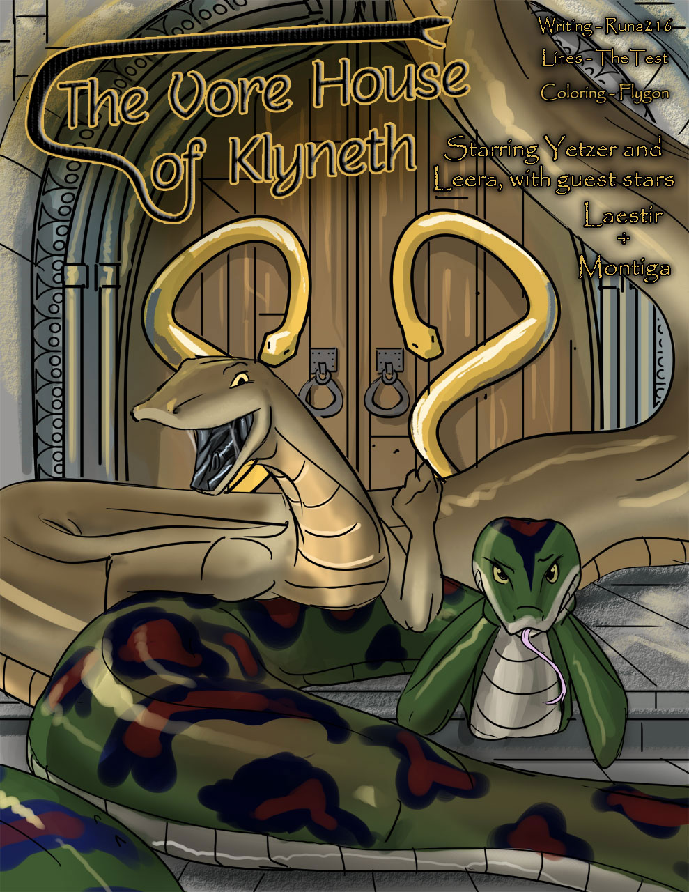 camo castle comic eye eyes female forked_tongue green_skin long_tongue looking_at_viewer naga open_mouth outside reptile scalie snake tan_skin tongue tongue_out unknown_artist vorarephilia vore yellow yellow_eyes