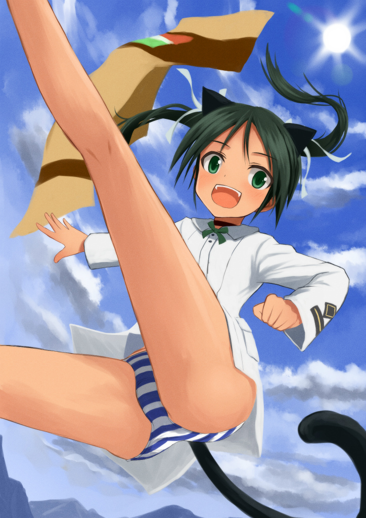:d aksman animal_ears bad_id bad_pixiv_id cloud day francesca_lucchini green_eyes green_hair looking_at_viewer mountain open_mouth outdoors panties sky smile solo strike_witches striped striped_panties tail teeth underwear world_witches_series