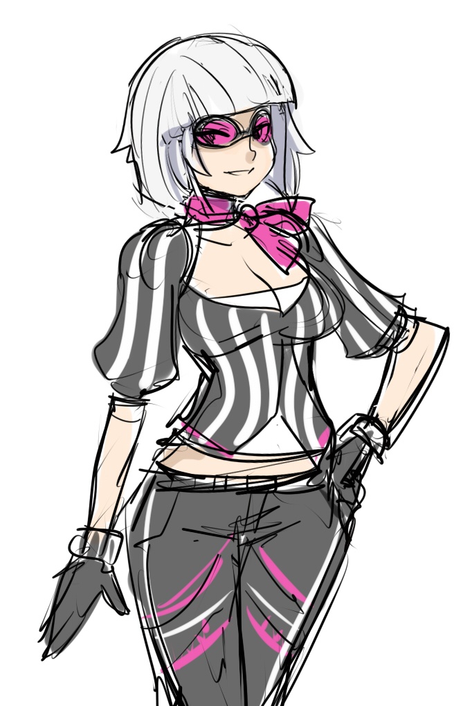 black_gloves bob_cut breasts cleavage eyewear_on_head gloves hand_on_hip maniacpaint medium_breasts my_little_pony my_little_pony_friendship_is_magic neckerchief personification photo_finish puffy_sleeves sketch smile solo striped sunglasses vertical_stripes white_hair