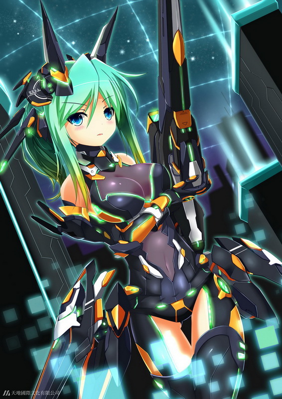 animal_ears aqua_hair armor bangs bare_shoulders beam_rifle black_legwear blue_eyes blush bodysuit breasts building city cleavage covered_navel cowboy_shot crystal_gate dutch_angle elbow_gloves energy_gun fatkewell faulds fox_ears gloves glowing gradient_hair gun hair_between_eyes halterneck high_ponytail holding holding_weapon large_breasts looking_at_viewer multicolored_hair neon_trim night night_sky outdoors parted_bangs parted_lips ponytail robot_ears sidelocks skin_tight sky skyscraper standing star_(sky) starry_sky thigh_gap thighhighs turtleneck weapon
