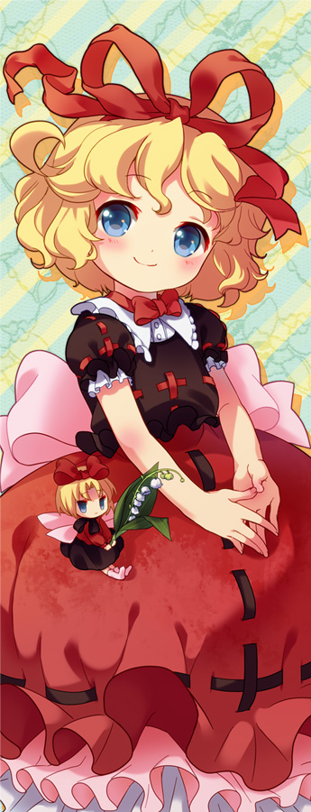 amo blonde_hair blue_eyes bow fairy fairy_wings flower hair_bow head_tilt lily_of_the_valley looking_at_viewer medicine_melancholy minigirl puffy_sleeves shirt short_sleeves skirt smile solo su-san touhou wings