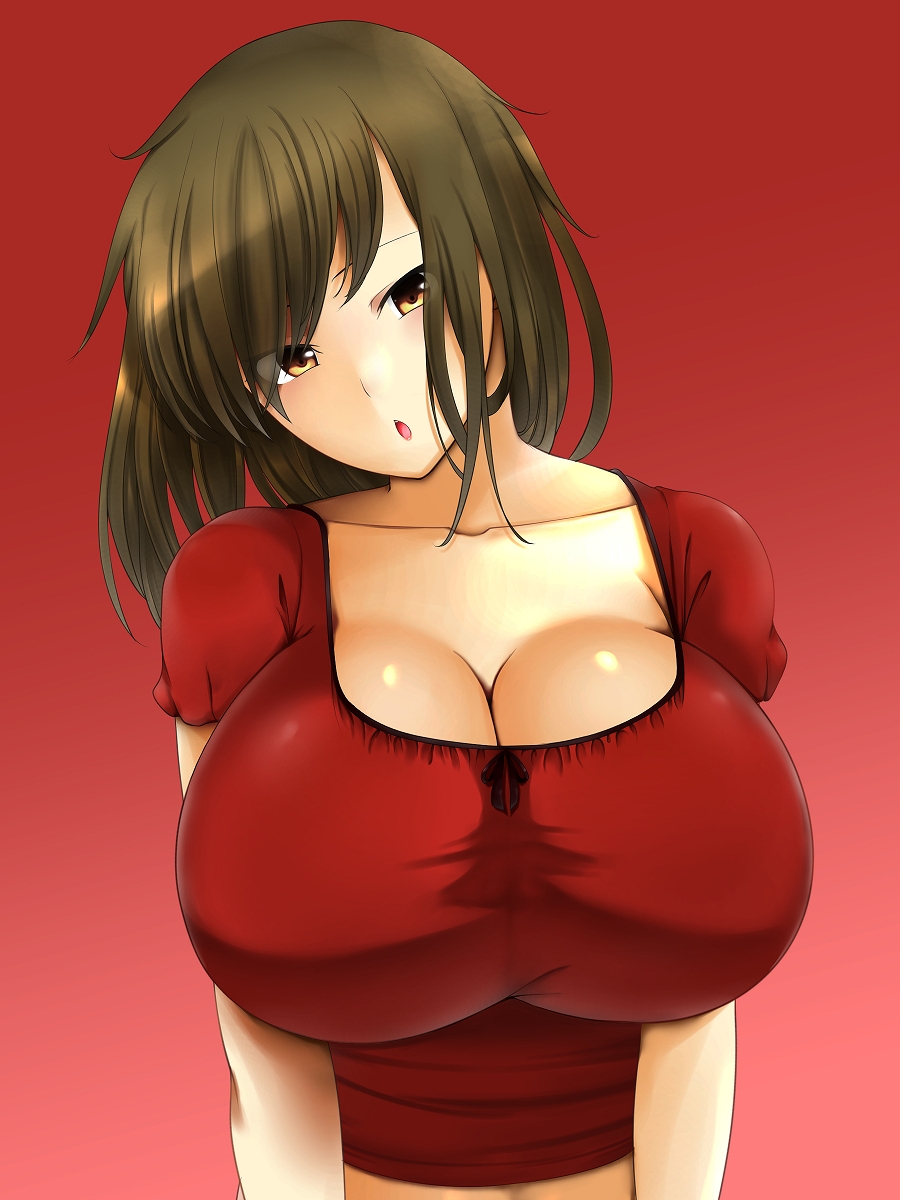 :o breasts brown_eyes brown_hair bursting_breasts cleavage head_tilt highres huge_breasts impossible_clothes impossible_shirt long_hair original red_background shirt shumichi simple_background solo tight_shirt upper_body