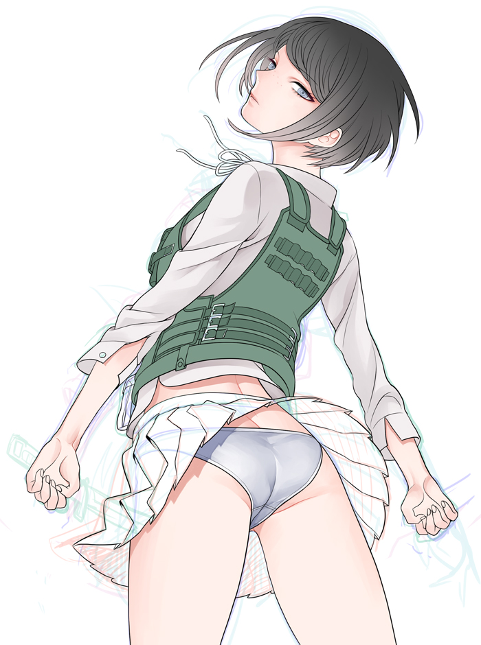 ass bad_id bad_pixiv_id black_hair danganronpa danganronpa_1 facepaint flat_ass green_eyes grey_panties ikusaba_mukuro knife panties pantyshot short_hair sketch skirt solo takase_(harakiri) underwear vest wind wind_lift