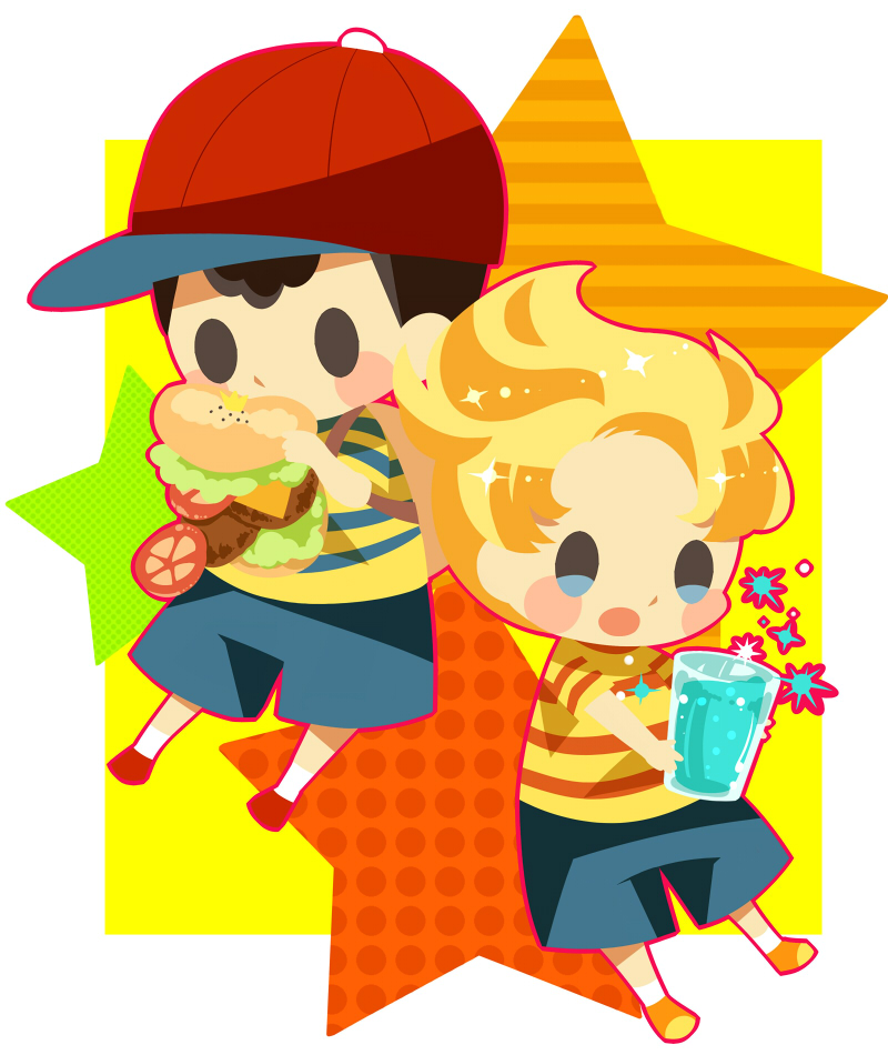 2boys black_hair blonde_hair blue_shorts blush_stickers brown_bag burger chibi cup eating food full_body hitofutarai holding holding_cup holding_food lucas_(mother_3) male_focus mother_(game) mother_2 mother_3 multiple_boys ness_(mother_2) open_mouth orange_footwear red_footwear red_headwear shirt short_hair shorts socks solid_oval_eyes star_(symbol) striped striped_shirt tomato water white_socks