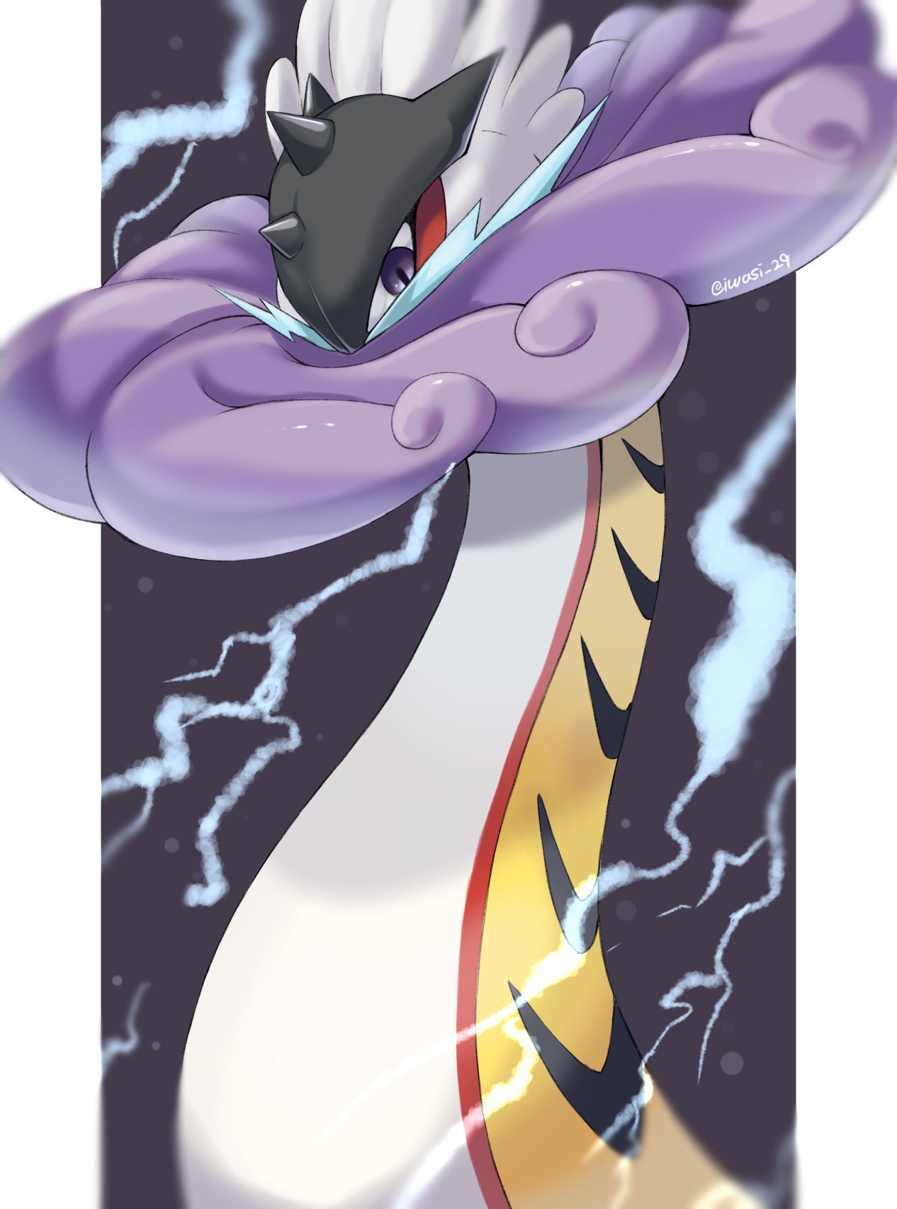 animal_focus artist_name commentary_request grey_background highres iwasi_29 lightning long_neck no_humans outside_border pillarboxed pokemon pokemon_(creature) purple_eyes raging_bolt slit_pupils twitter_username