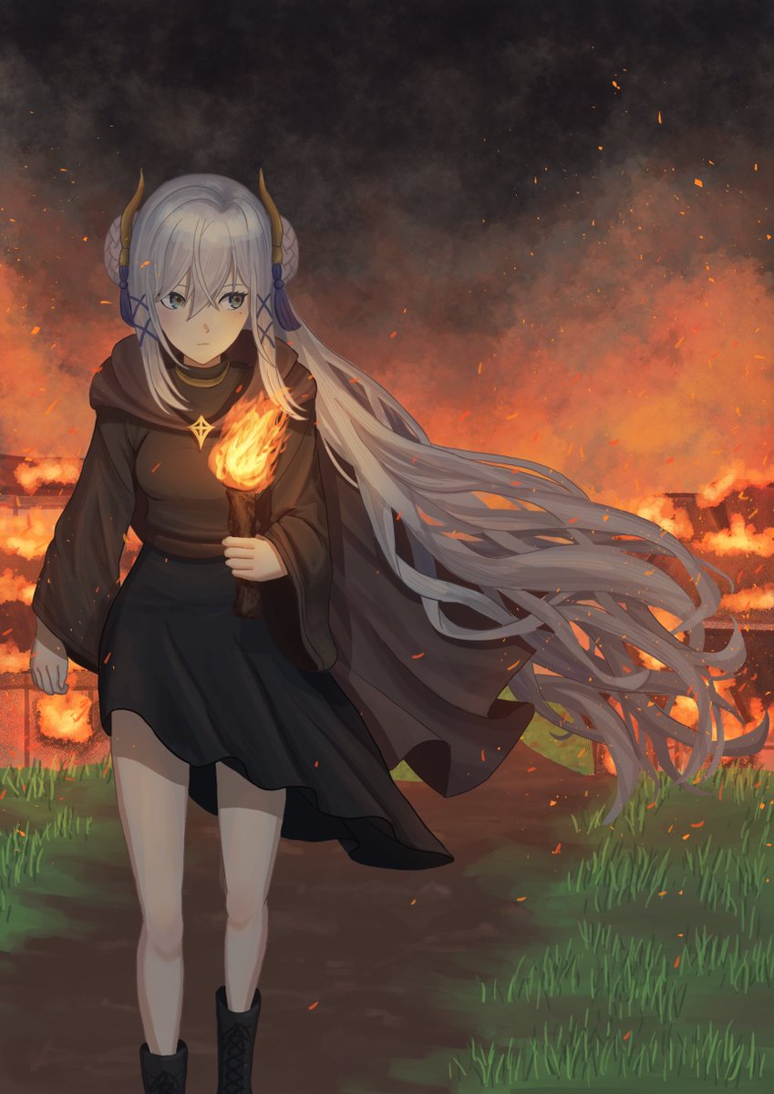 1girl black_footwear black_shirt black_skirt brown_cape cape commentary crossed_bangs double_bun english_commentary fire grey_eyes grey_hair hair_between_eyes hair_bun hair_ornament highres holding holding_torch long_hair mintylime mole mole_under_eye nijisanji nijisanji_en shirt skirt solo tassel tassel_hair_ornament torch very_long_hair victoria_brightshield virtual_youtuber x_hair_ornament