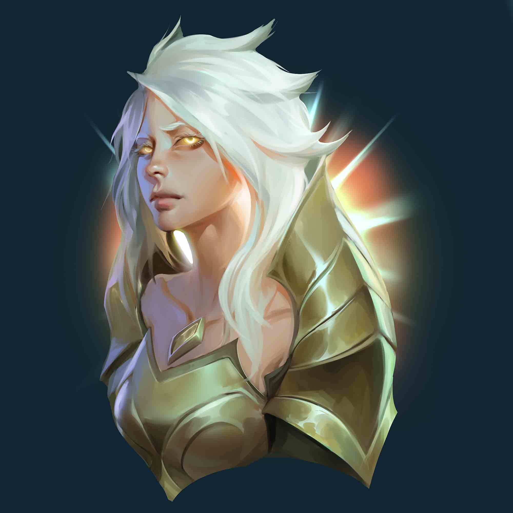 1girl armor closed_mouth collarbone colored_sclera cropped_torso gem glowing glowing_eyes gold_armor green_background highres kayle_(league_of_legends) league_of_legends long_hair orange_sclera solo stnpnk white_hair yellow_eyes