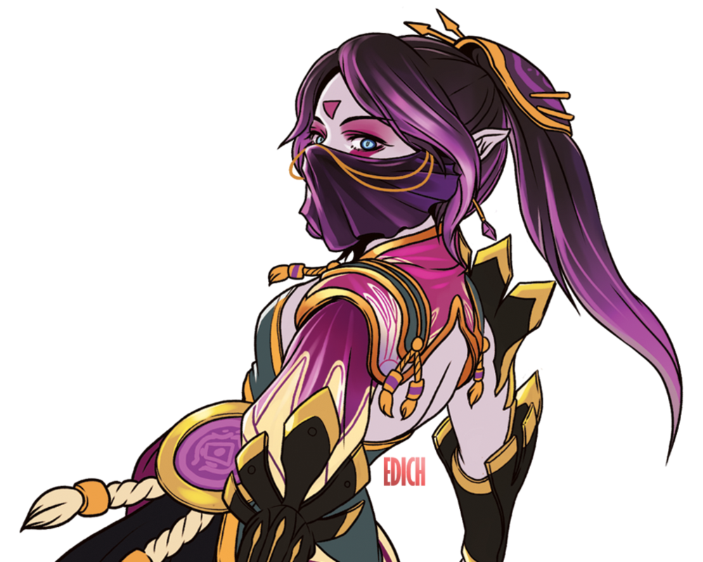 1girl arm_guards artist_name backless_outfit blue_eyes dota_(series) dota_2 edich_art english_commentary facepaint hair_ornament long_hair looking_at_viewer looking_back pointy_ears ponytail purple_hair solo templar_assassin_(dota) transparent_background upper_body veil