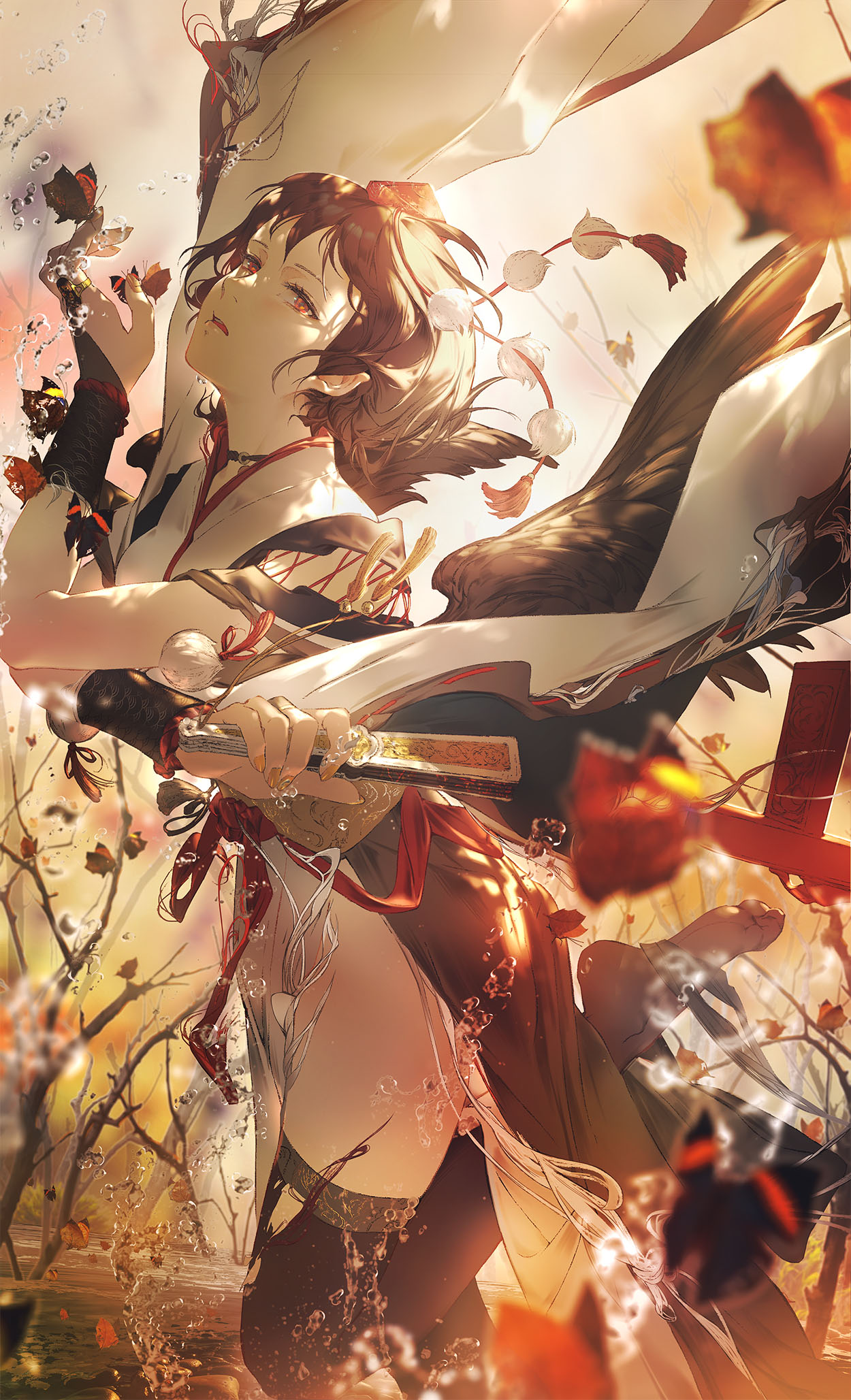 1girl arm_up bare_tree bird_wings black_hair black_thighhighs bug butterfly folded_fan folding_fan foot_out_of_frame foot_up hand_fan highres holding holding_fan japanese_clothes jewelry kimono looking_at_viewer miv4t open_mouth orange_nails outdoors pointy_ears pom_pom_(clothes) red_eyes red_headwear ring shameimaru_aya short_hair solo thighhighs torn_clothes torn_kimono torn_thighhighs touhou tree water white_kimono wings