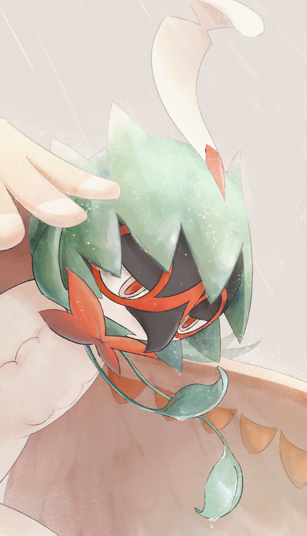 beak brown_feathers commentary_request decidueye feathers fireblast grey_background highres leaf no_humans pokemon pokemon_(creature) red_pupils simple_background white_fur wings