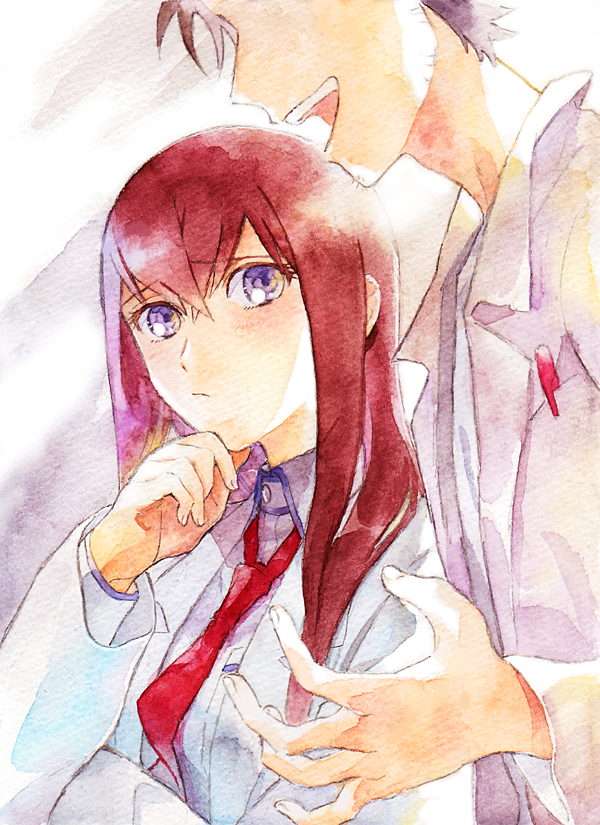 1boy 1girl :d black_hair breast_pocket closed_mouth collared_shirt dress_shirt head_out_of_frame lab_coat long_hair long_sleeves looking_at_another makise_kurisu necktie okabe_rintarou open_mouth painting_(medium) pen_in_pocket pocket purple_eyes red_hair red_necktie rocni shirt short_hair smile steins;gate straight_hair traditional_media watercolor_(medium) white_shirt wing_collar