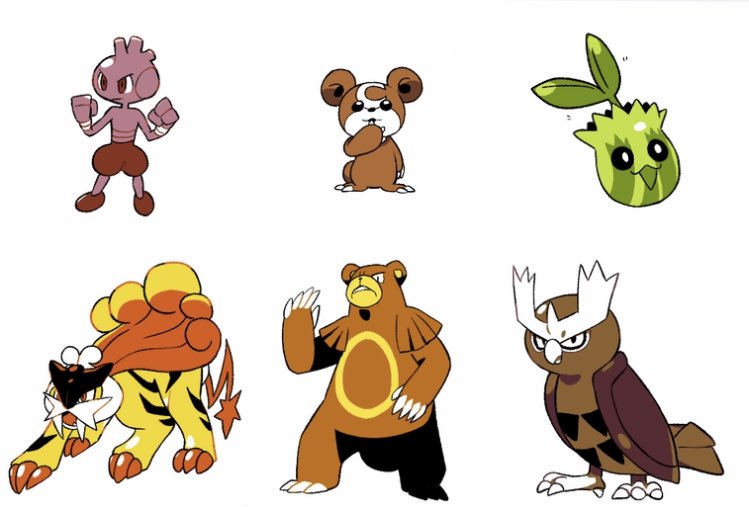 :d bird black_eyes bright_pupils brown_eyes claws clenched_hands closed_mouth frown hands_up no_humans noctowl open_mouth parted_lips pokemon pokemon_(creature) raikou simple_background smile sunkern teddiursa tusks tyako_089 tyrogue ursaring white_background white_pupils