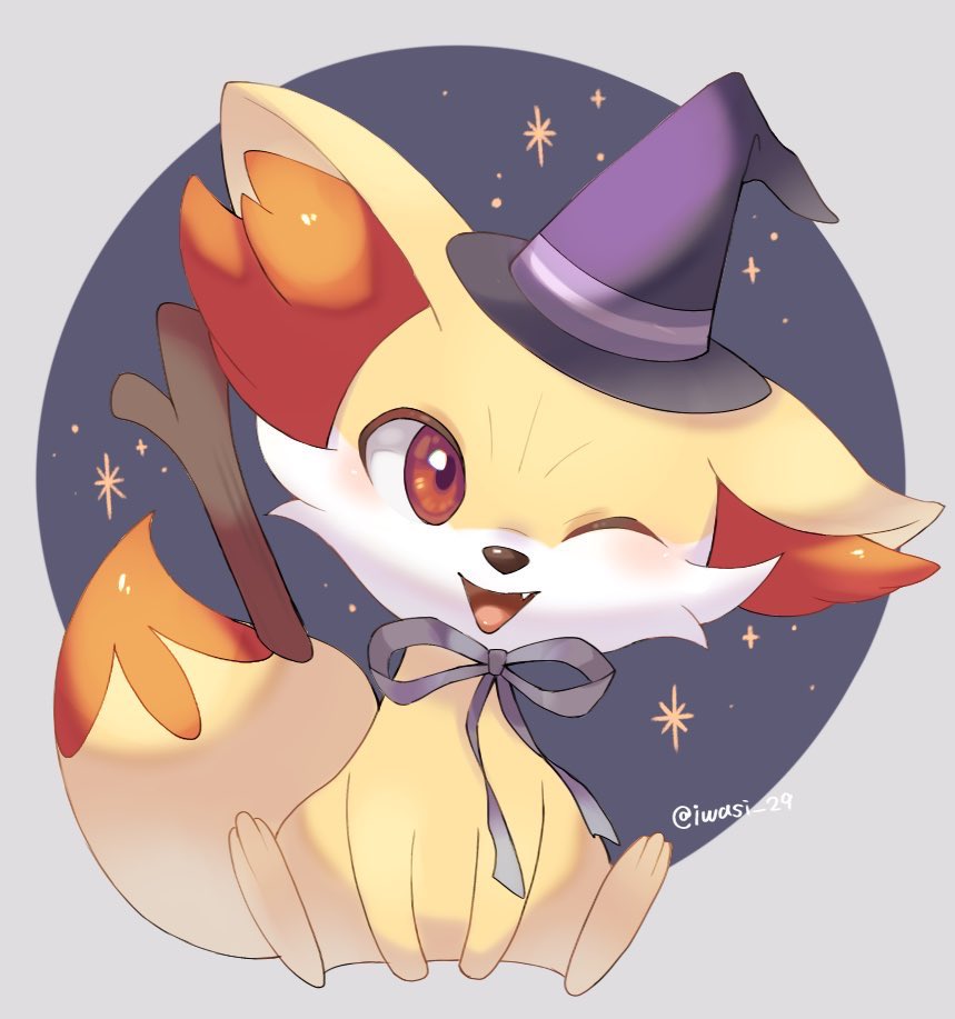 animal_focus artist_name black_background commentary_request fang fennekin halloween_costume hat iwasi_29 no_humans one_eye_closed open_mouth orange_eyes outside_border pokemon pokemon_(creature) sitting snout sparkle tail twitter_username witch_hat yellow_fur