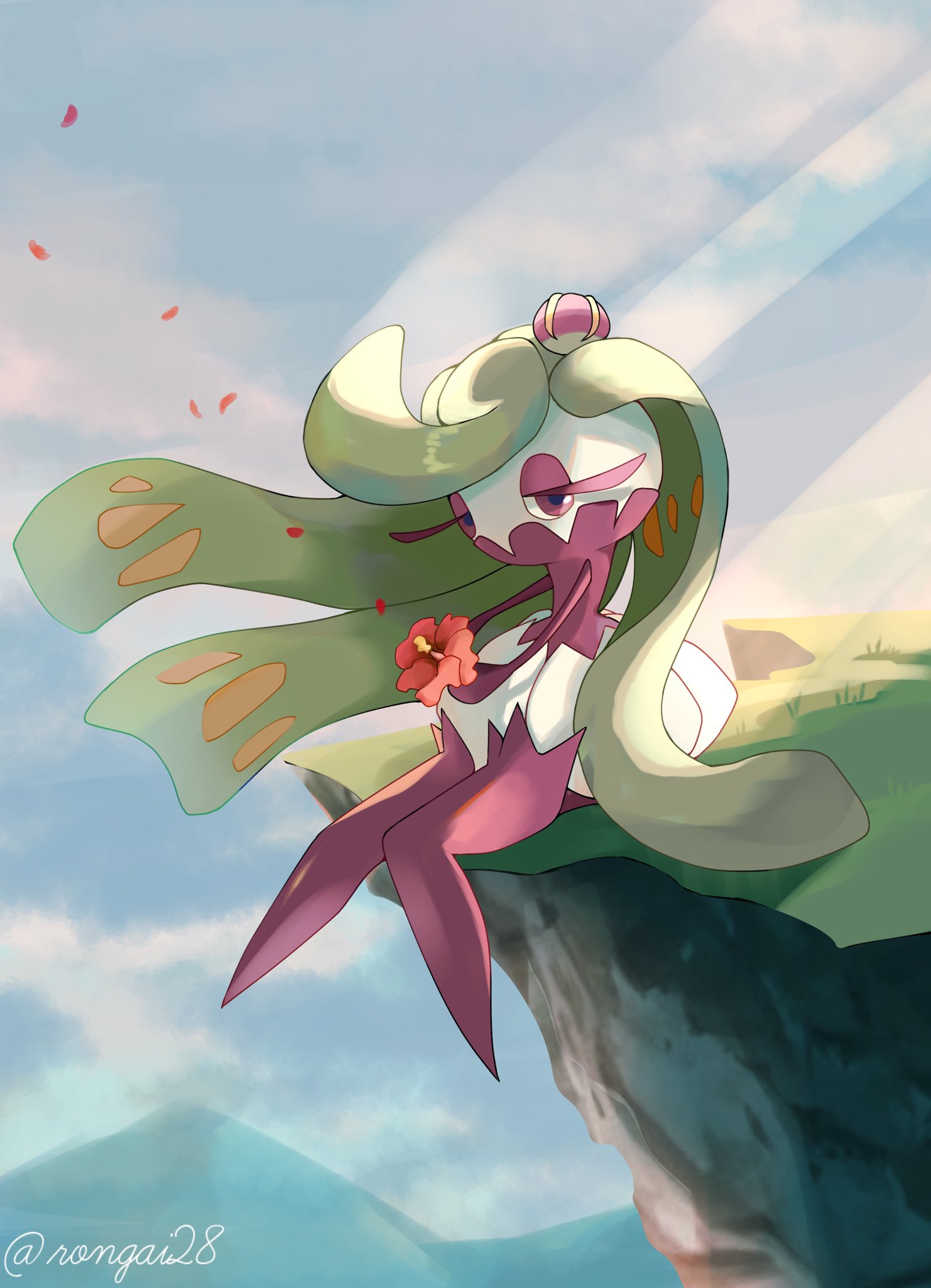 artist_name blue_sky cliff cloud colored_skin flower green_hair highres long_hair mountain on_grass pokemon pokemon_(creature) red_eyes red_flower rongai28 sitting sky sunlight tsareena twitter_username white_skin