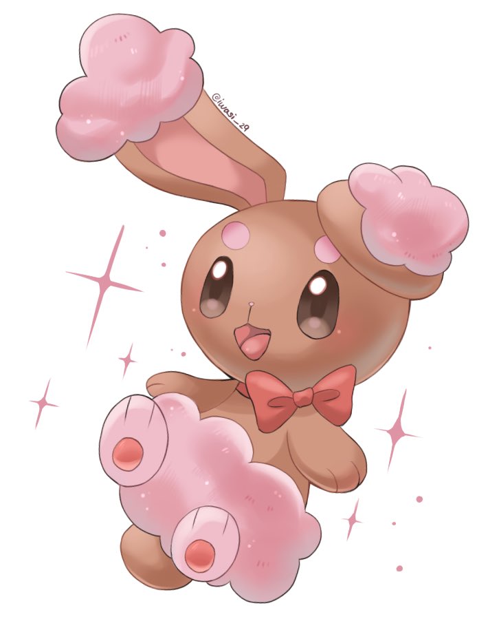 alternate_color animal_focus artist_name bow brown_eyes brown_fur buneary commentary_request iwasi_29 no_humans open_mouth pawpads pokemon pokemon_(creature) rabbit red_bow shiny_pokemon simple_background smile sparkle twitter_username white_background