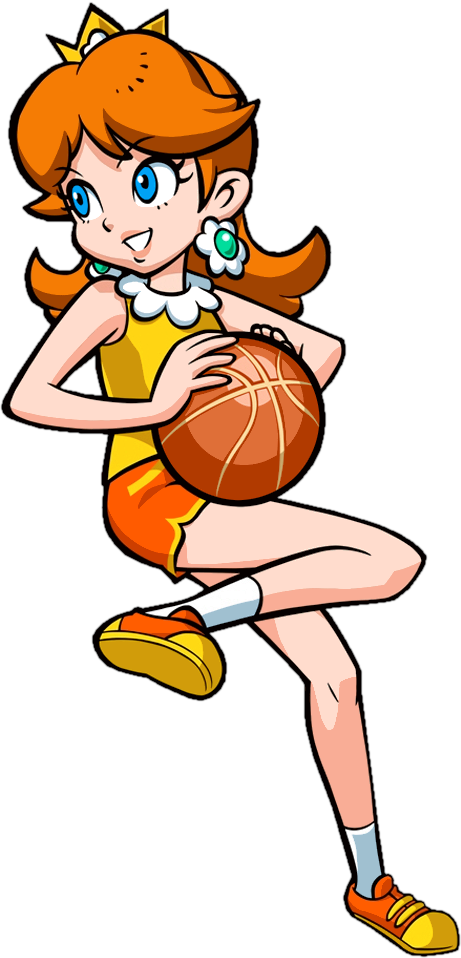 1girl :d ball basketball basketball_(object) blue_eyes breasts brown_hair crown dolphin_shorts earrings flower_earrings full_body holding holding_ball jewelry looking_up mario_(series) mario_basketball_3on3 official_alternate_costume official_art orange_shorts shirt short_shorts shorts sleeveless sleeveless_shirt smile solo sportswear standing standing_on_one_leg tennis_daisy transparent_background