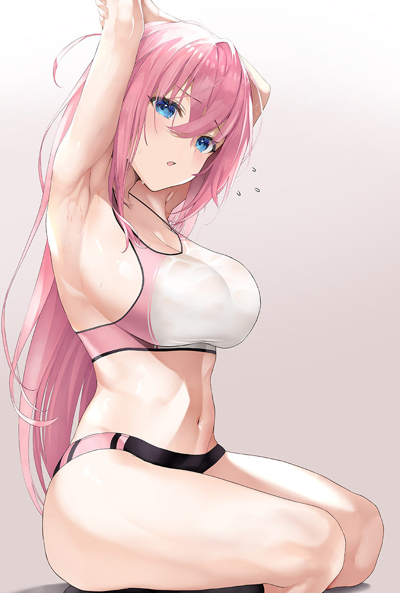 1girl armpits arms_up black_buruma blue_eyes blush bocchi_the_rock! breasts brown_background buruma cleavage collarbone commentary_request flying_sweatdrops gotoh_hitori gradient_background hair_between_eyes highres huge_breasts inuzumi_masaki legs long_hair looking_at_viewer midriff navel open_mouth pink_buruma pink_hair pink_sports_bra sitting solo sports_bikini sports_bra stomach sweat thighs two-tone_buruma two-tone_sports_bra white_sports_bra