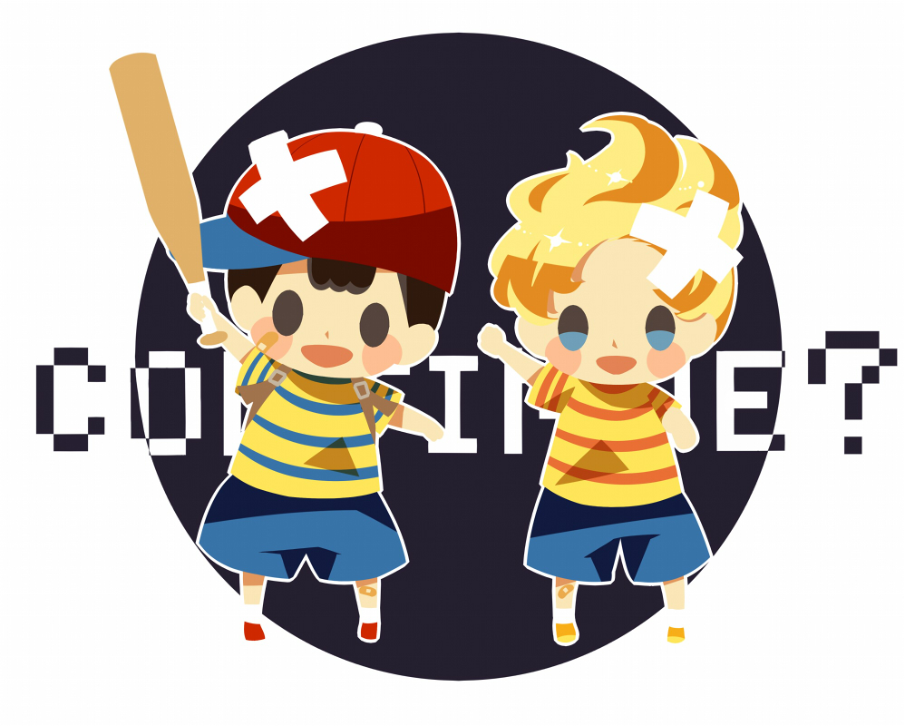 2boys ? arm_up backpack bag bandaid bandaid_on_face bandaid_on_knee bandaid_on_leg baseball_bat baseball_cap black_hair blonde_hair blue_shorts blush_stickers continue crossed_bandaids full_body hat hitofutarai holding holding_baseball_bat lucas_(mother_3) male_focus mother_(game) mother_2 mother_3 multiple_boys ness_(mother_2) open_mouth orange_footwear outline red_footwear red_headwear shirt short_hair short_sleeves shorts solid_oval_eyes striped striped_shirt white_outline