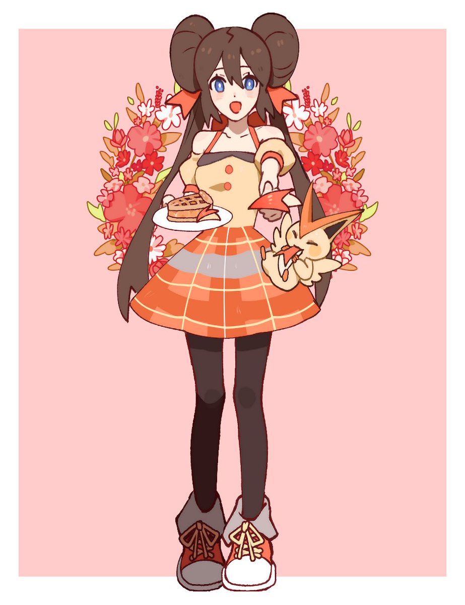 1girl :d alternate_costume bare_shoulders blue_eyes border bright_pupils brown_hair brown_pantyhose commentary_request double_bun eyelashes food full_body hair_bun highres hogeol_pk holding korean_commentary long_hair off-shoulder_shirt off_shoulder open_mouth orange_skirt pantyhose pie pink_background plaid plaid_skirt pokemon pokemon_(creature) pokemon_bw2 rosa_(pokemon) shirt shoes skirt smile standing twintails victini white_border white_pupils yellow_shirt