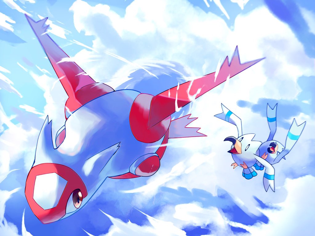 &gt;_&lt; beak bird bird_tail black_eyes blue_sky brown_eyes cloud colored_skin commentary_request latias multicolored_skin no_humans pokemon pokemon_(creature) red_skin rongai28 seagull sky tail two-tone_skin white_skin wings wingull