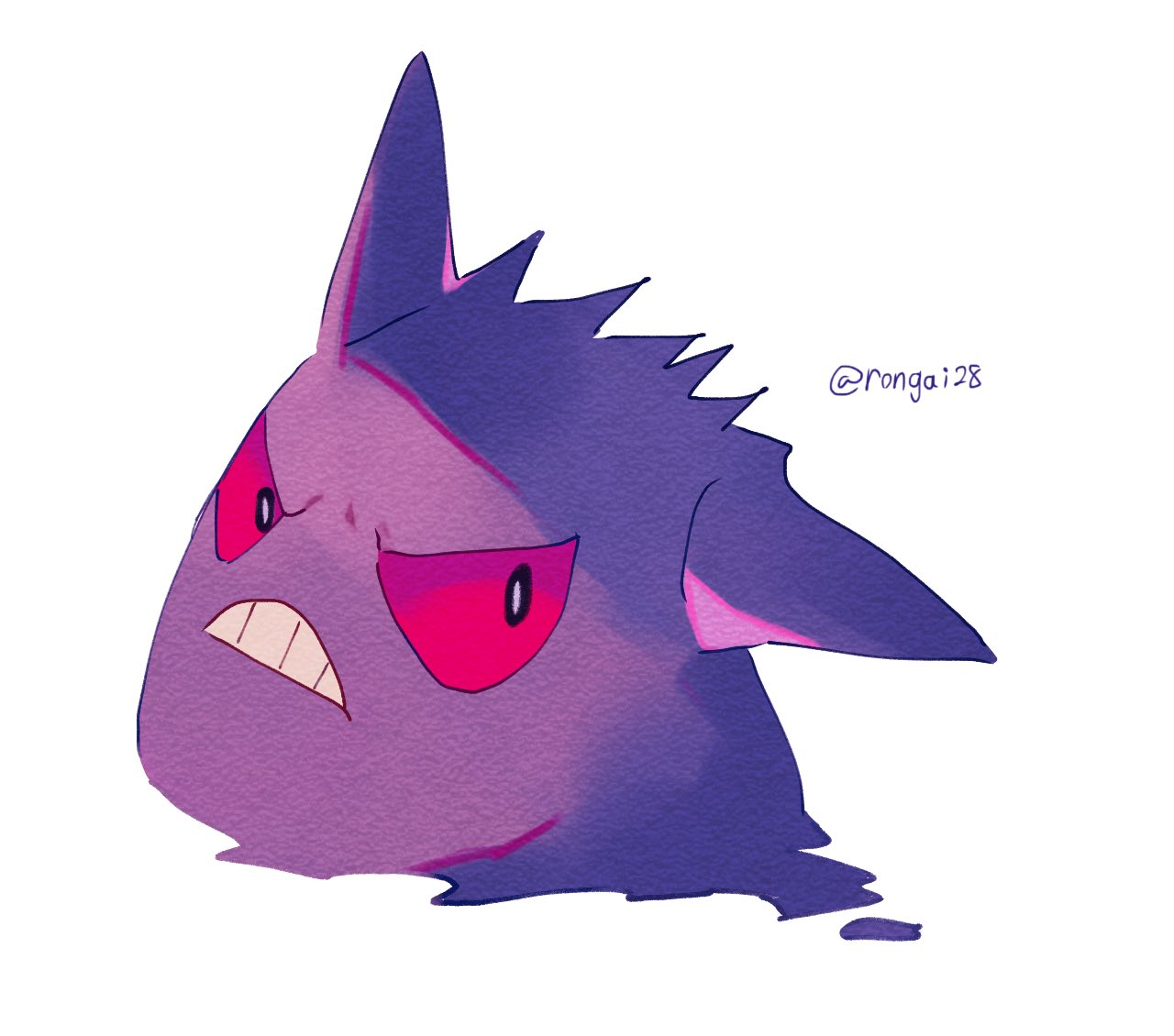 artist_name black_eyes colored_sclera colored_skin commentary_request frown gengar pokemon pokemon_(creature) purple_skin red_sclera rongai28 simple_background teeth twitter_username white_background