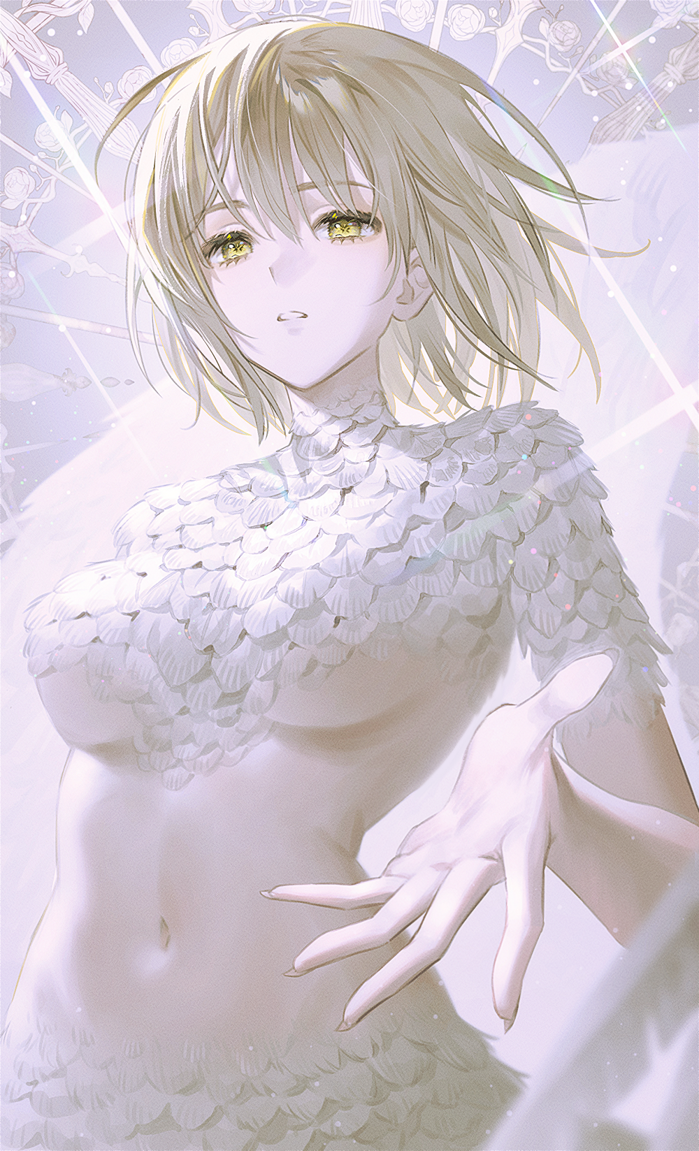 1girl beckoning blonde_hair blurry body_fur breasts chimera commentary depth_of_field dungeon_meshi eyelashes falin_thorden feathered_wings fingernails floating_hair fymrie glowing glowing_wings grey_background highres large_breasts light_particles looking_at_viewer monster_girl navel nude reaching reaching_towards_viewer sharp_fingernails short_hair spoilers upper_body wings yellow_eyes