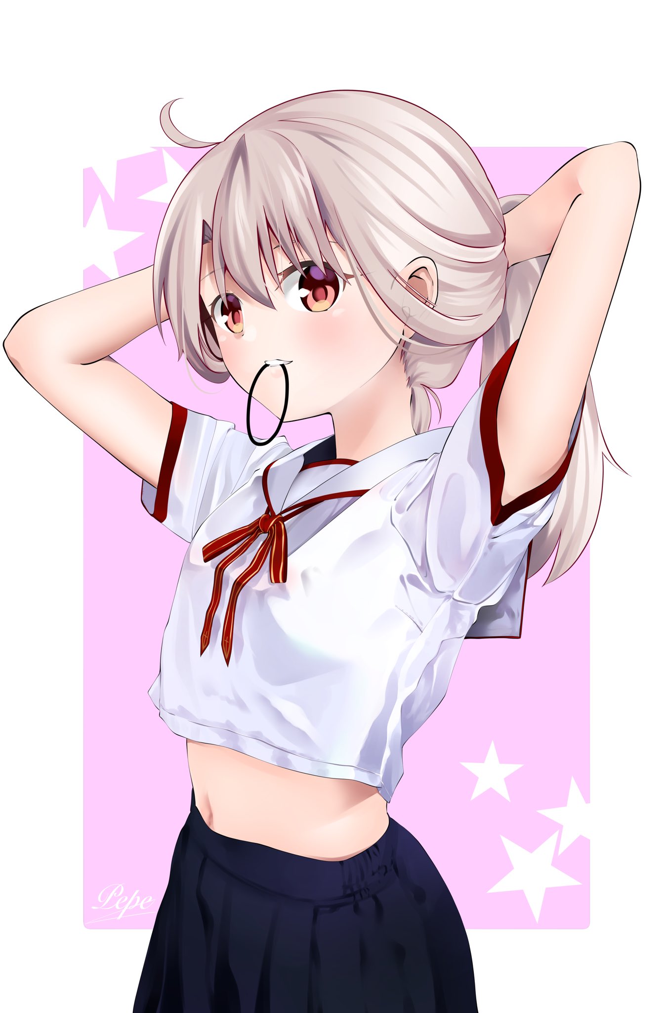 1girl ahoge arms_behind_head arms_up black_skirt blush breasts collared_shirt fate/kaleid_liner_prisma_illya fate_(series) hair_tie_in_mouth highres homurahara_academy_school_uniform illyasviel_von_einzbern long_hair looking_at_viewer midriff mouth_hold navel neck_ribbon pei_iriya pleated_skirt ponytail puffy_short_sleeves puffy_sleeves red_eyes red_ribbon ribbon sailor_collar school_uniform shirt short_sleeves sidelocks skirt small_breasts solo tying_hair white_hair white_sailor_collar white_shirt