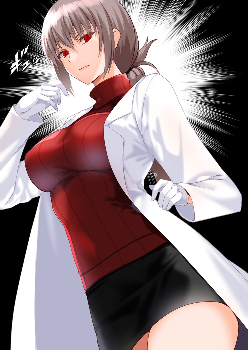 1girl alternate_costume black_background black_skirt breasts closed_mouth coat commentary_request engo_(aquawatery) fate/grand_order fate_(series) florence_nightingale_(fate) grey_hair highres lab_coat large_breasts lips long_hair long_sleeves looking_at_viewer miniskirt open_clothes open_coat pink_lips ponytail red_eyes red_sweater ribbed_sweater skirt solo sweater turtleneck turtleneck_sweater white_coat