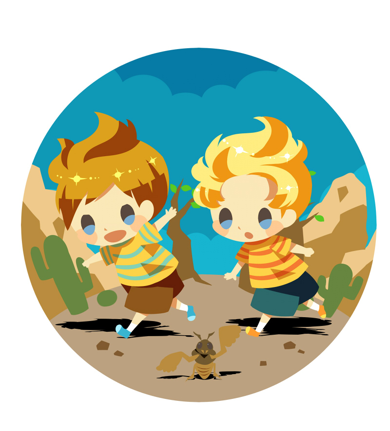 2boys blonde_hair blue_footwear blue_shorts blush_stickers brothers brown_shorts cactus claus_(mother_3) cricket hitofutarai lucas_(mother_3) male_focus mother_(game) mother_3 multiple_boys open_mouth orange_footwear outdoors round_image running shorts siblings simple_background tree walking white_background