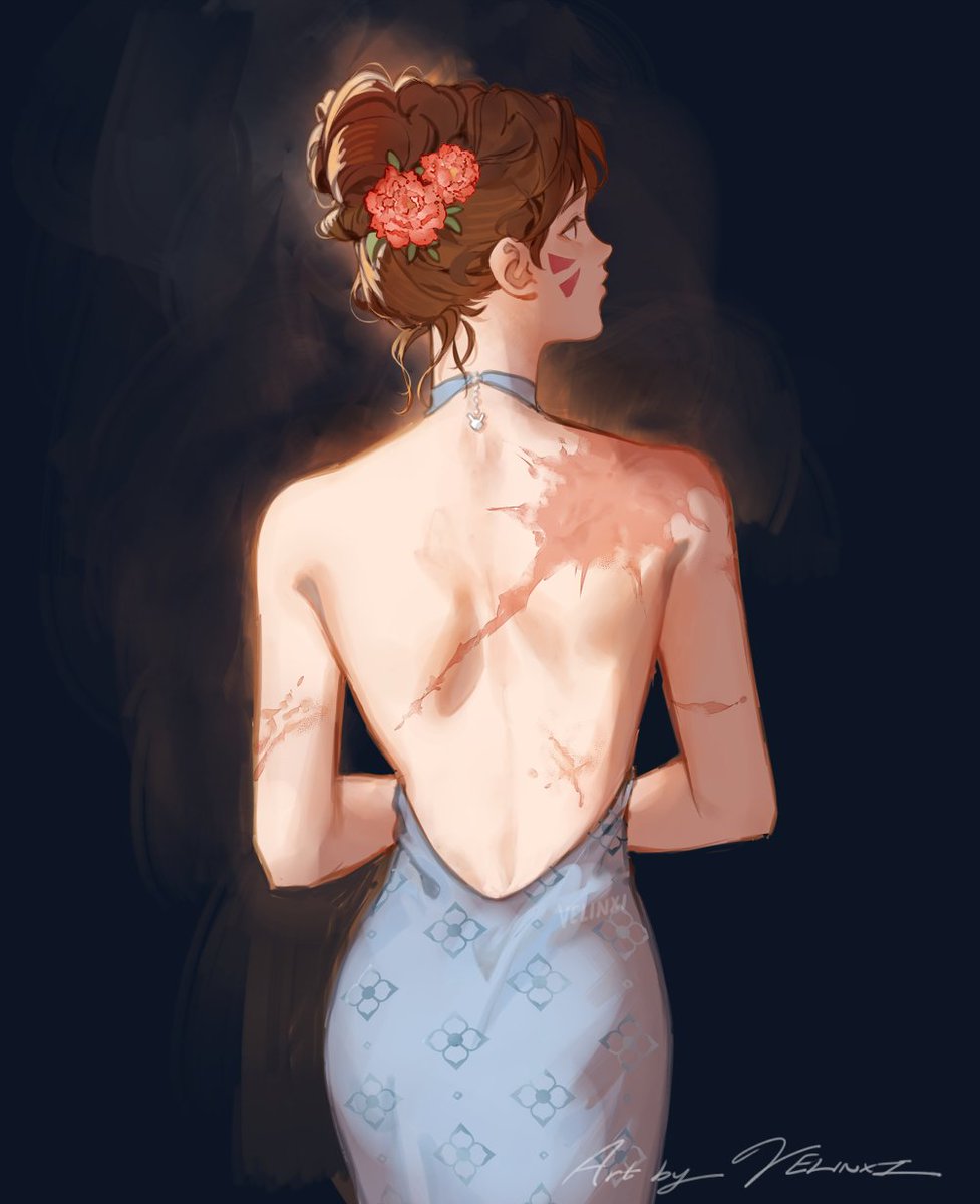 1girl alternate_hair_length alternate_hairstyle ass back backless_dress backless_outfit blue_dress brown_hair burn_scar commentary d.va_(overwatch) dress english_commentary facial_mark flat_ass floral_print flower from_behind hair_flower hair_ornament highres long_dress multiple_scars no_bra overwatch print_dress scar scar_on_arm scar_on_back scar_on_shoulder short_hair shoulder_blades solo updo velinxi whisker_markings