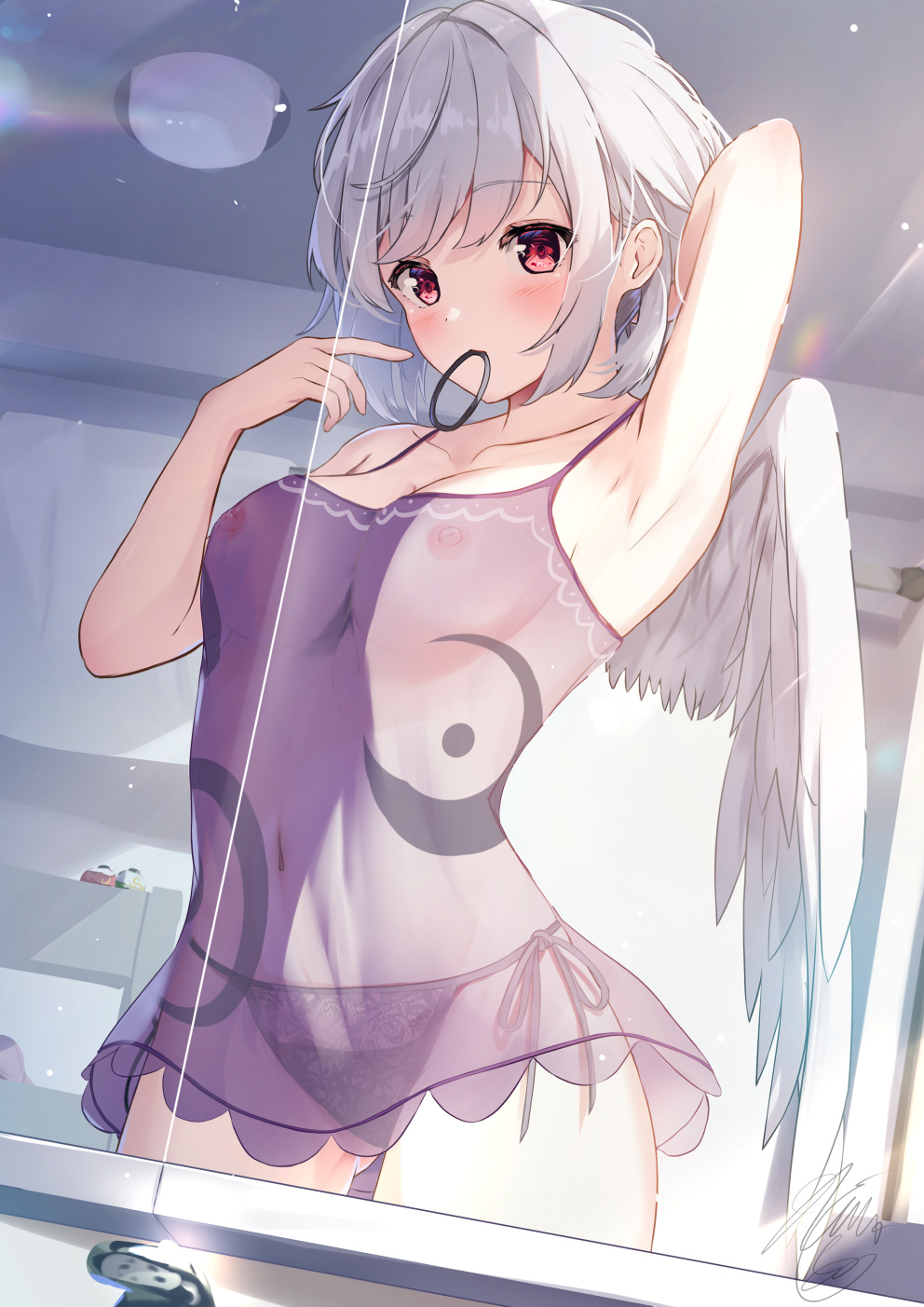 arm_up armpits bathroom breasts chemise cleavage feathered_wings grey_hair hair_tie_in_mouth highres kishin_sagume lace lace_panties lingerie looking_at_viewer medium_breasts mirror mouth_hold niko_kusa nipples no_bra panties purple_chemise red_eyes reflection see-through single_wing touhou underwear white_wings wings