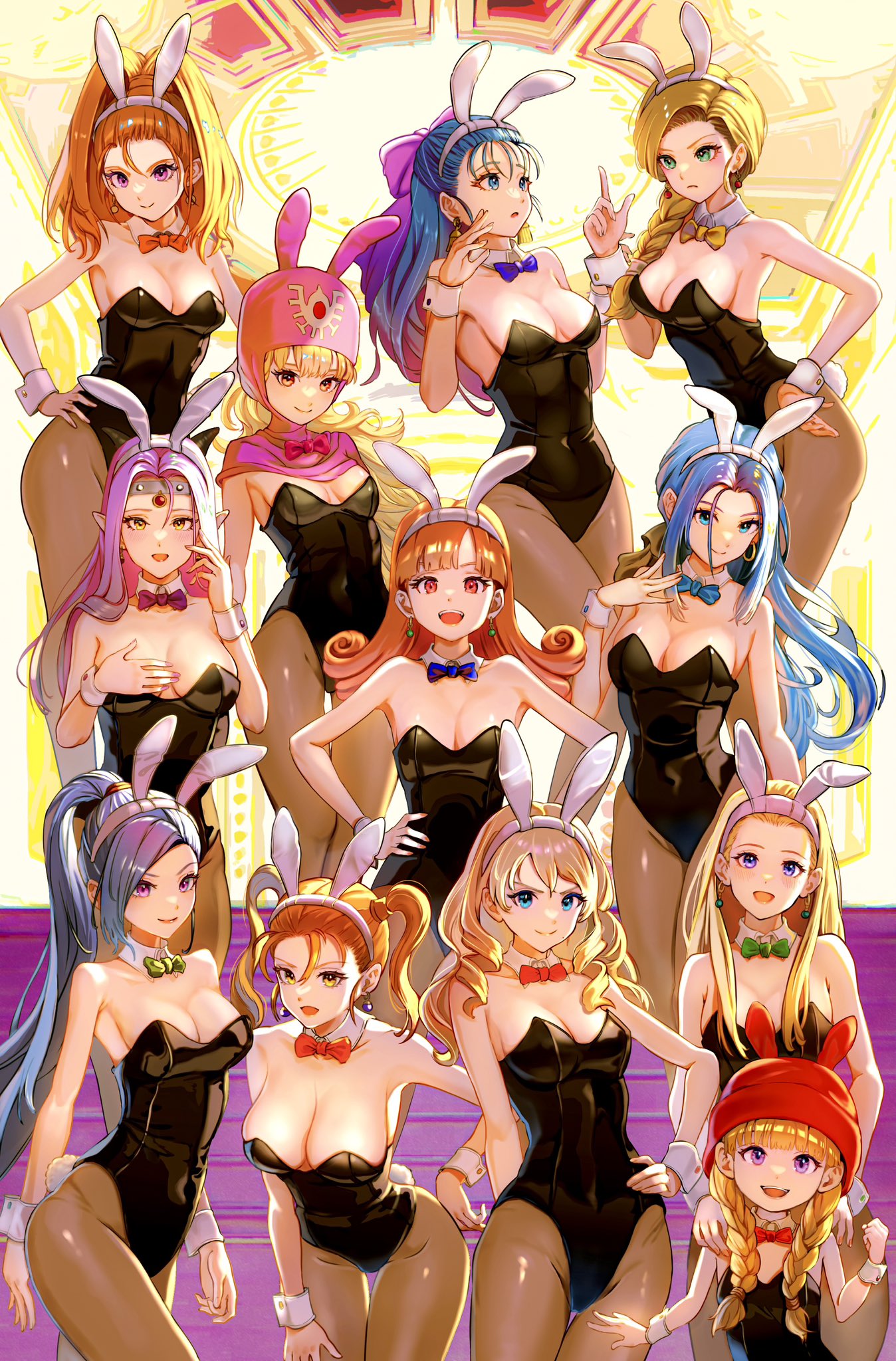 6+girls alena_(dq4) animal_ears anlucea barbara_(dq6) bare_shoulders bent_over bianca_(dq5) black_hair black_leotard blonde_hair blue_bow blue_bowtie blue_eyes blue_hair blunt_bangs bow bowtie braid breasts cleavage closed_mouth collarbone commentary_request cowboy_shot curly_hair detached_collar dragon_quest dragon_quest_ii dragon_quest_iv dragon_quest_ix dragon_quest_v dragon_quest_vi dragon_quest_viii dragon_quest_x dragon_quest_xi earrings estella_(dq10) fake_animal_ears flat_chest flora_(dq5) green_bow green_bowtie green_eyes hair_behind_ear hair_bow hair_over_shoulder hair_pulled_back hairband half_updo hand_on_own_chest hand_on_own_hip hand_up hands_on_another's_shoulders hat headpiece high_ponytail highres hood horns huge_bow index_finger_raised jessica_albert jewelry large_breasts leotard light_blush long_hair looking_at_another looking_at_viewer martina_(dq11) medium_breasts mole mole_under_mouth multiple_girls numao_sub open_mouth orange_bow orange_bowtie orange_eyes orange_hair orange_nails pantyhose parted_bangs parted_lips pink_bow pink_eyes pink_hair pink_headwear pink_hood pink_nails playboy_bunny pointy_ears princess_of_moonbrook purple_bow purple_bowtie purple_eyes rabbit_ears red_bow red_bowtie red_eyes red_headwear ruida senya_(dq11) siblings single_braid sisters small_breasts smile standing strapless strapless_leotard swept_bangs twin_braids twins twintails veronica_(dq11) white_hairband wrist_cuffs yellow_bow yellow_bowtie yellow_eyes