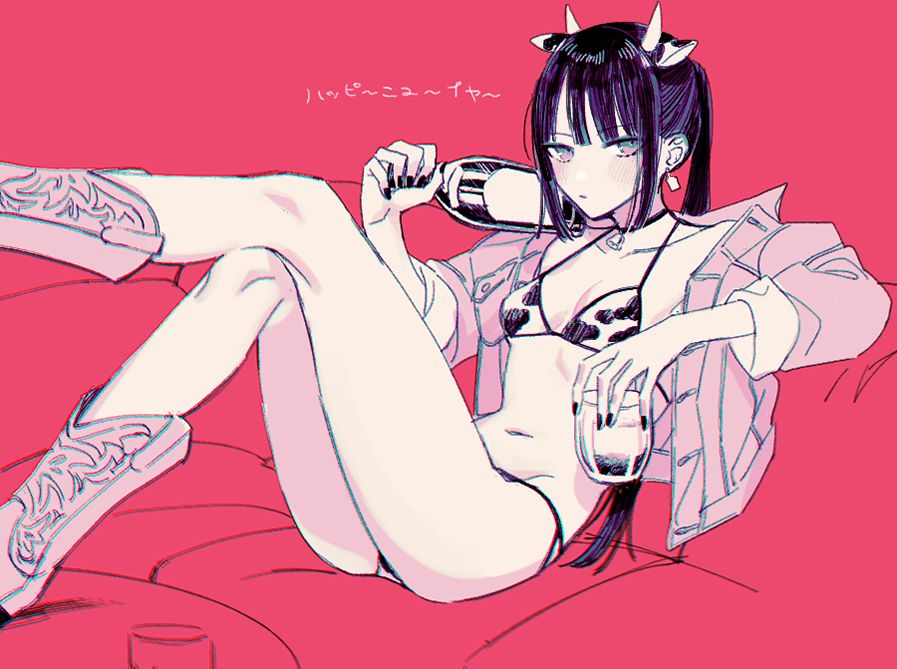 1girl alternate_costume animal_ears animal_print bell bikini blunt_bangs bottle breasts choker closed_mouth couch cow_ears cow_horns cow_print cow_print_bikini crossed_legs cup ear_tag fake_animal_ears fate/grand_order fate_(series) glass holding holding_bottle holding_cup horns jacket jacket_over_swimsuit jing_ke_(fate) kanitama_(putyourhead) legs_up light_blush long_sleeves looking_at_viewer monochrome nail_polish navel neck_bell on_couch open_clothes open_jacket ponytail print_bikini red_background sidelocks sitting small_breasts solo spot_color swimsuit