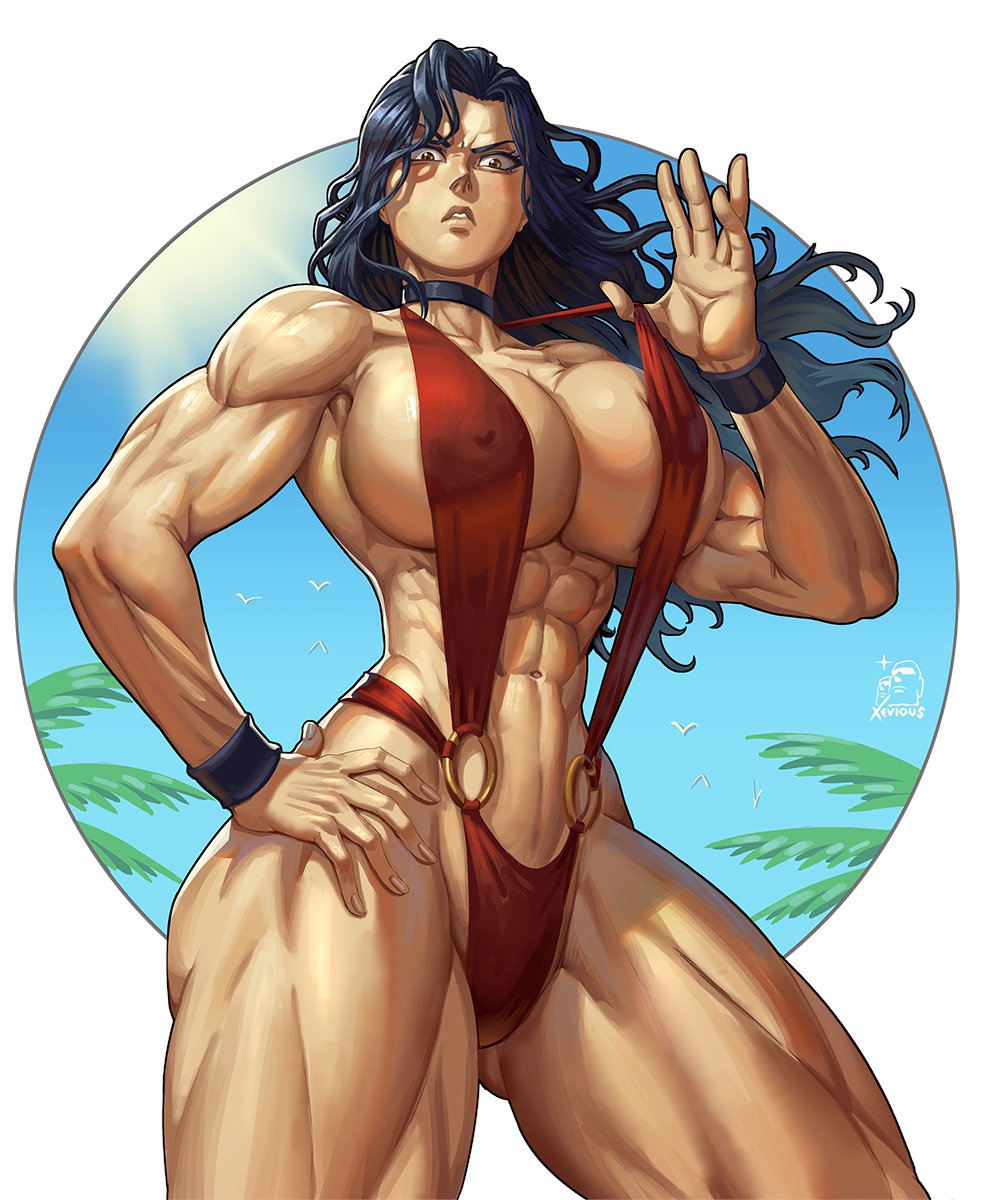 1girl abs angry bikini bird black_hair blue_sky border bracelet breasts brown_eyes choker cleavage highres jewelry large_breasts long_hair looking_down mature_female muscular muscular_female original palm_tree sgt_crisis sideboob signature sky solo swimsuit thick_thighs thighs tree white_border xevious_art