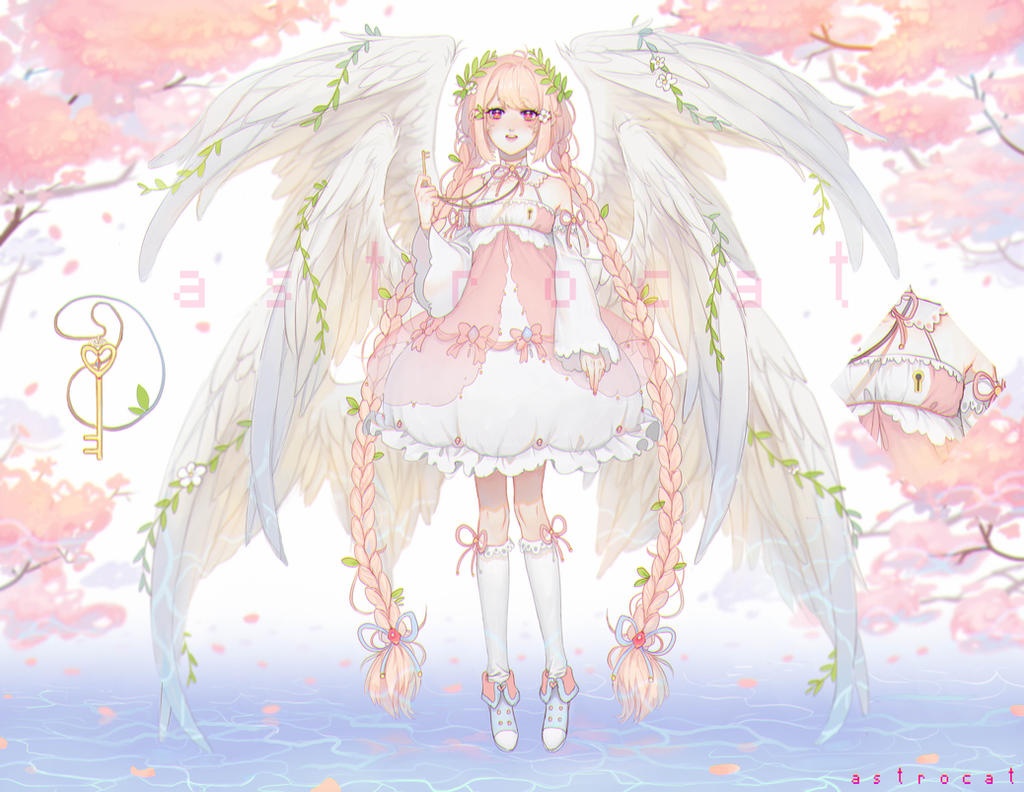 1girl angel angel_wings artist_name astrocatsama blonde_hair blue_footwear blue_ribbon boots bow buttons cherry_blossoms close-up collar commentary commission detached_collar detached_sleeves dress dress_bow eyelashes flower frilled_collar frilled_dress frills full_body hair_bobbles hair_flower hair_ornament hair_ribbon high_collar holding holding_key jewelry key key_necklace keyhole kneehighs lace-trimmed_socks laurel_crown layered_dress light_blush lolita_fashion long_hair long_sleeves looking_at_viewer low_twintails multiple_wings neck_ribbon necklace open_mouth original petals pink_bow pink_dress pink_eyes pink_ribbon ribbon ribbon_legwear seraph sleeve_ribbon sleeveless sleeveless_dress smile socks solo standing standing_on_liquid tree twintails upper_body very_long_hair water watermark white_collar white_dress white_flower white_sleeves white_socks white_wings wide_sleeves wings