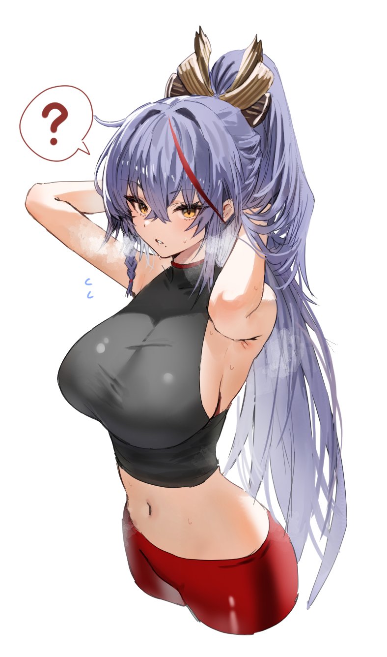 1girl ? akafuyu_(arknights) arknights arms_behind_head breasts crop_top cropped high_ponytail highres horn/wood large_breasts long_hair midriff multicolored_hair pants ponytail purple_hair red_hair red_pants sleeveless solo spoken_question_mark steaming_body streaked_hair yellow_eyes