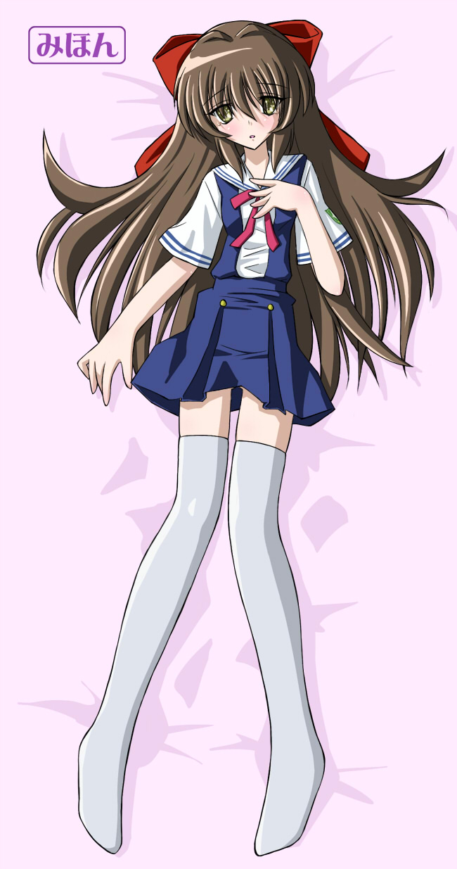 aoba_(aunana) blush bow brown_hair clannad crossdressing green_eyes highres long_hair lying male_focus otoko_no_ko school_uniform shima_katsuki solo thighhighs yellow_eyes