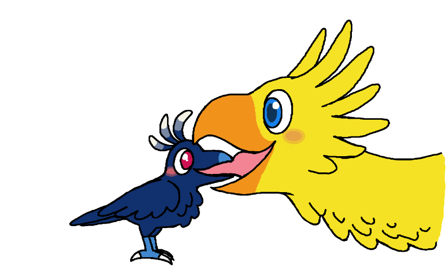 ambiguous_gender avian beak bird blue_body blue_eyes blue_feathers blush chocobo claws corvid corvus_(genus) crow duo extreme_french_kiss feathered_crest feathers feral final_fantasy french_kissing happy head_crest kissing kissybirb128 orange_beak oscine passerine red_eyes size_difference square_enix tongue tongue_in_mouth white_claws yellow_body yellow_feathers