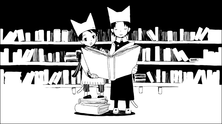 1boy 1girl 21grams-a :o animal_ear_headwear animal_ears beanie book book_stack bookshelf cat_ears child closed_eyes closed_mouth collared_shirt commentary_request dress fake_animal_ears full_body hat high_collar holding holding_book indoors library long_dress long_sleeves monochrome open_book open_mouth original oversized_clothes pants pantyhose reading scarf shadow shirt shoes short_hair sleeveless sleeveless_dress slippers smile star_(symbol) star_print striped striped_pants striped_scarf sweater vertical-striped_pants vertical_stripes very_short_hair